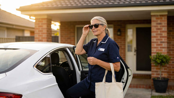 an aged care working exiting her car for work