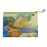 Colorful pouch with artistic design of mountains and flowers on a white background