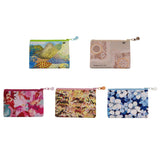 Set of five colorful pouches with floral and abstract designs on a white background