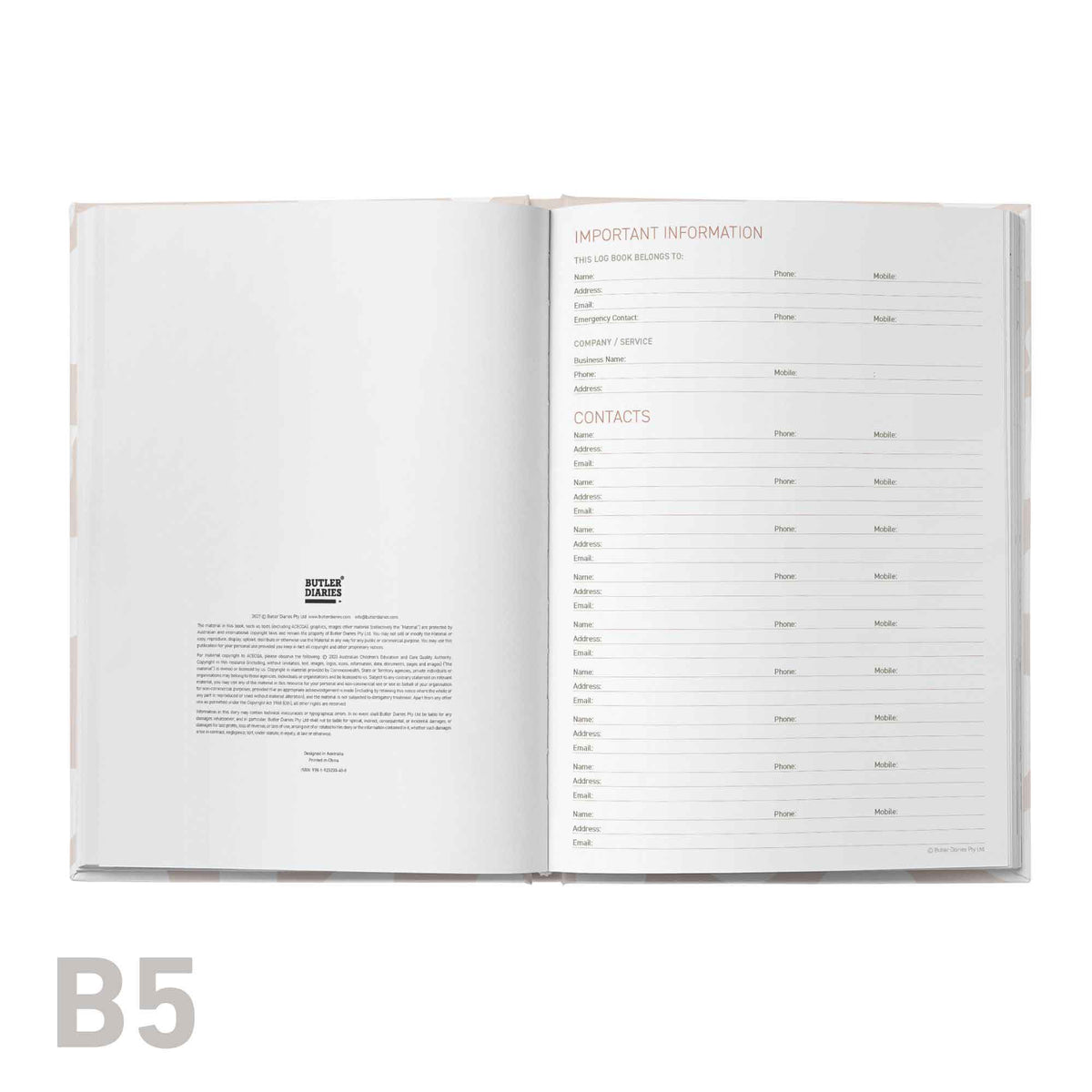 Open notebook with a page titled 'Important Information' and another titled 'Contacts', on a white background.