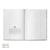 Open notebook with a page titled 'Important Information' and another titled 'Contacts', on a white background.