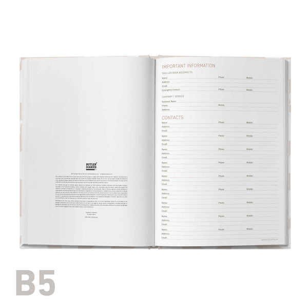 Open notebook with a page titled 'Important Information' and another titled 'Contacts', on a white background.