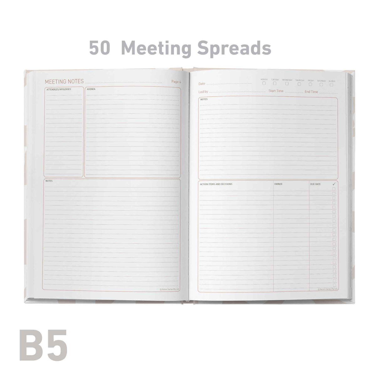 Open notebook showing meeting spreads with '50 Meeting Spreads' text and 'B5' size label.