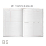 Open notebook showing meeting spreads with '50 Meeting Spreads' text and 'B5' size label.