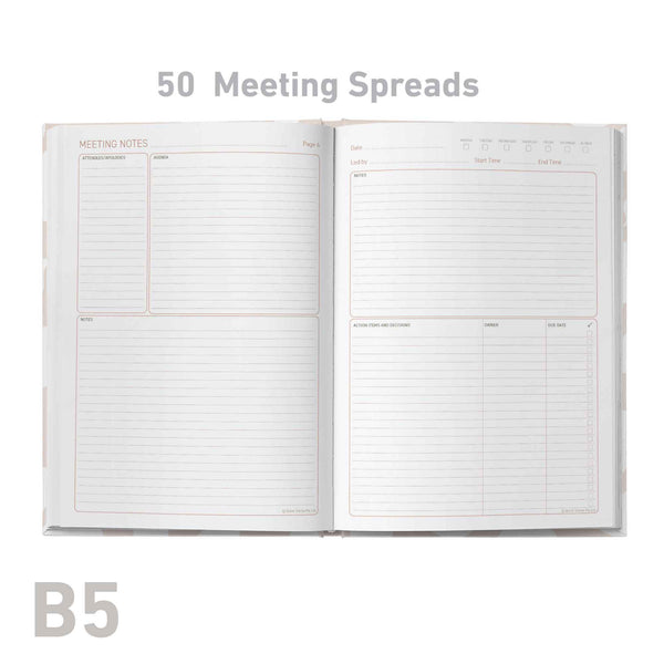 Open notebook showing meeting spreads with '50 Meeting Spreads' text and 'B5' size label.