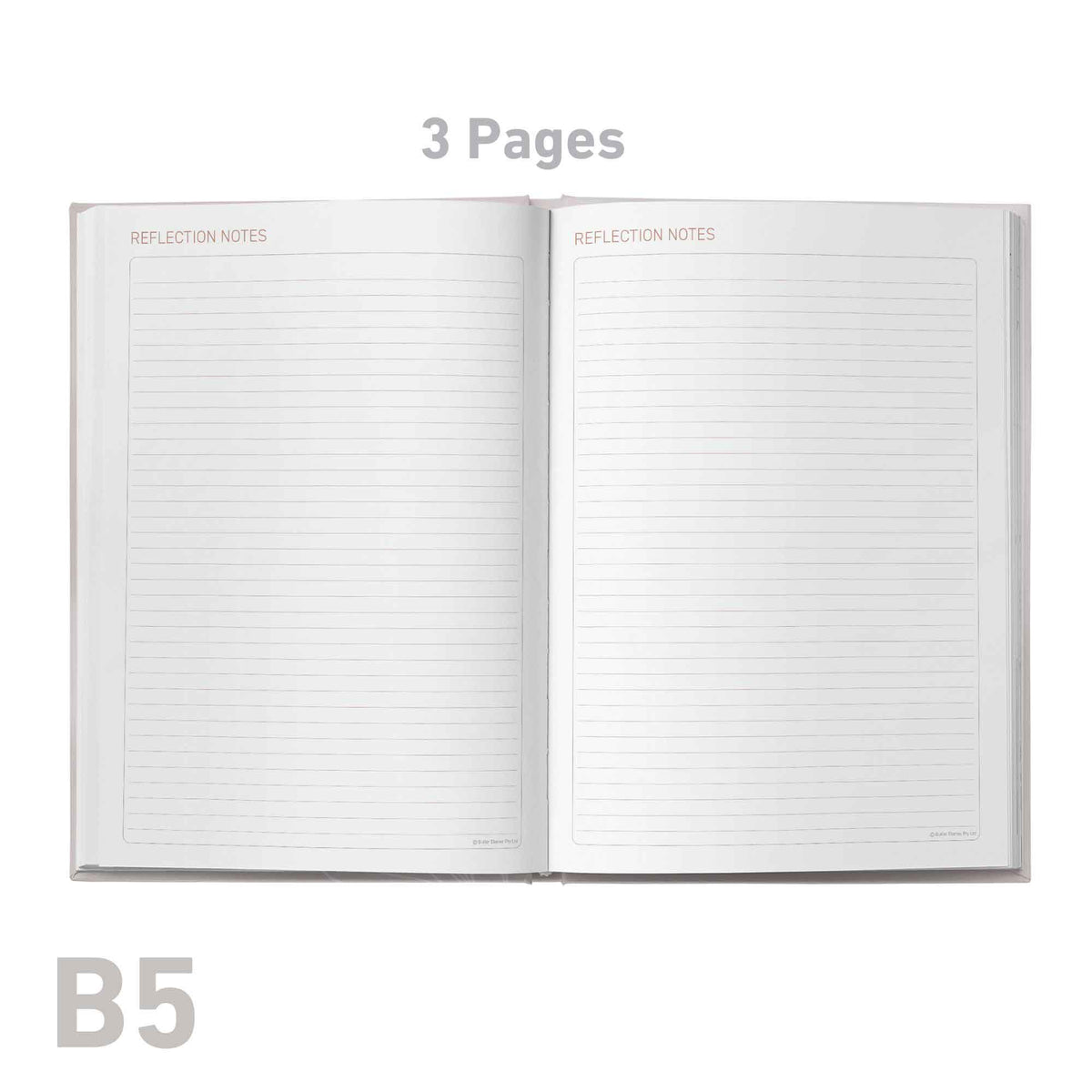 Open notebook with lined pages on a white background, labeled '3 Pages' and 'B5'.