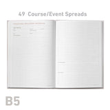 Open notebook with lined pages on a white background, labeled '49 Course/Event Spreads' and 'B5'.