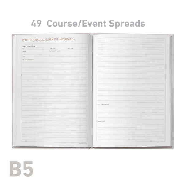 Open notebook with lined pages on a white background, labeled '49 Course/Event Spreads' and 'B5'.