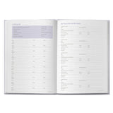 Open book showing a contact list and other pages on a white background