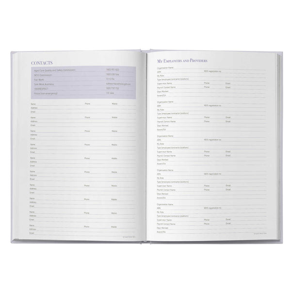 Open book showing a contact list and other pages on a white background