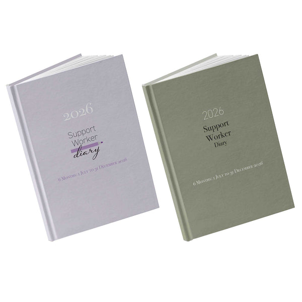 Two diaries titled '2026 Support Worker Diary' on a white background