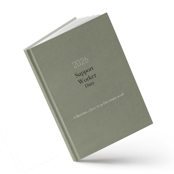 Green diary titled '2026 Support Worker Diary' on a white background