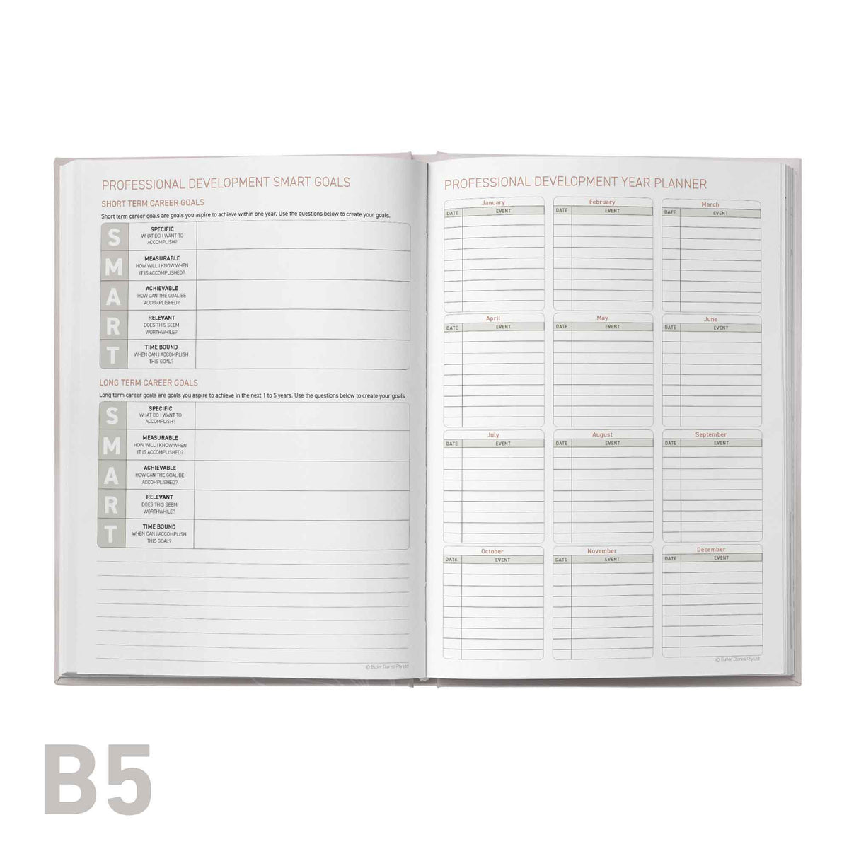 Open planner with professional development sections on a white background