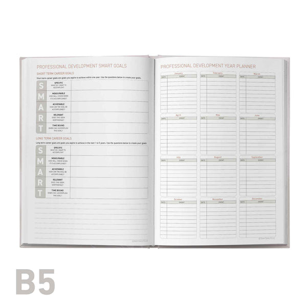Open planner with professional development sections on a white background